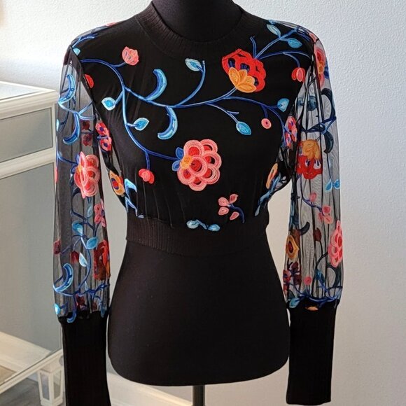 NEW COSMOPOLITAN x DRESS THE POPULATION MESH FLORAL BLACK LONG SLEEVE CROP TOP - Picture 13 of 15